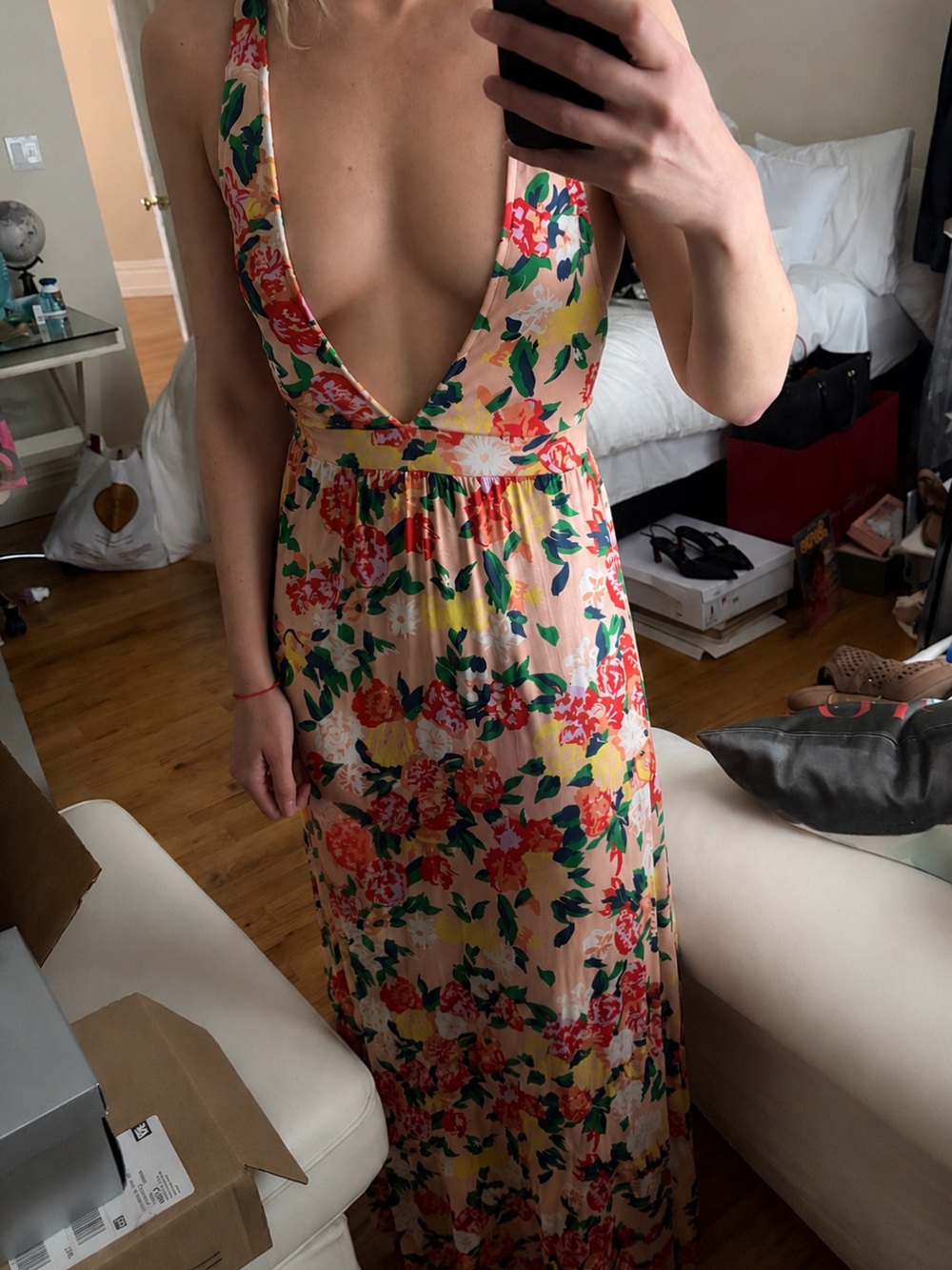 Peach Floral Plunge Maxi Dress